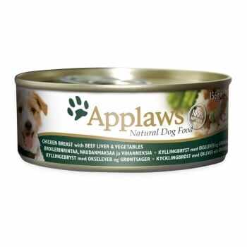 APPLAWS, Pui, Ficat Vită și Legume, conservă hrană umedă câini, (în supă), 156g