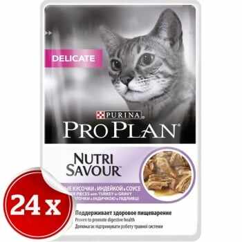 Pachet Pro Plan Delicate Nutrisavour Sos cu curcan 24 x 85 g