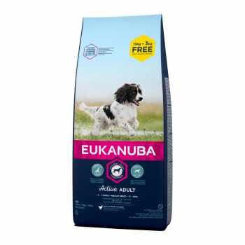 EUKANUBA Basic Active Adult M, Pui, hrană uscată câini, 15kg + 3kg GRATUIT
