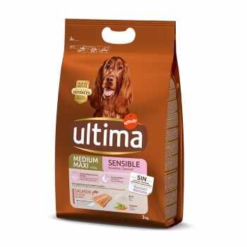 ULTIMA Dog Medium & Maxi Adult Sensitive, Somon, hrană uscată câini, confort digestiv, 3kg