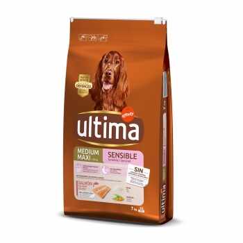 ULTIMA Dog Medium & Maxi Adult Sensitive, Somon, hrană uscată câini, confort digestiv, 7kg