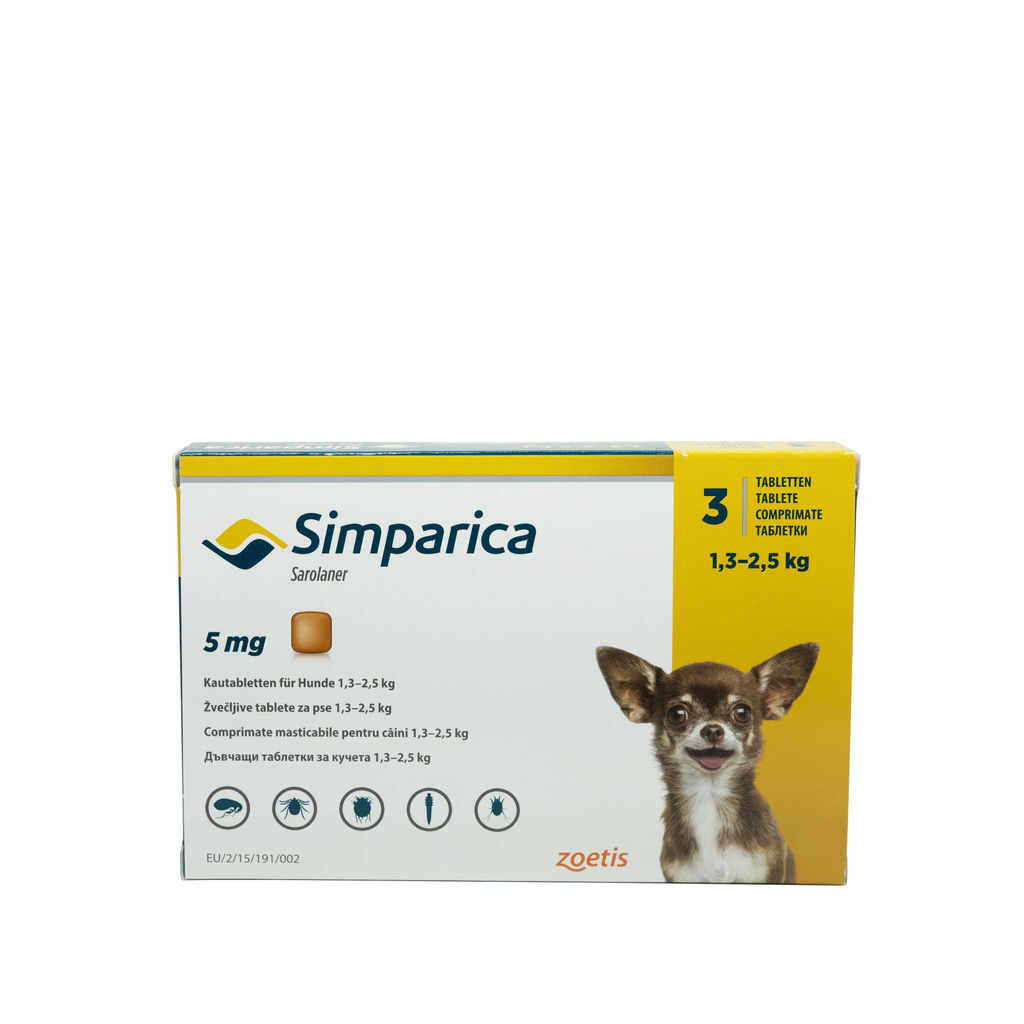 Comprimat masticabil antiparazitar Simparica 5 mg pentru câini de 1.3 - 2.5 kg