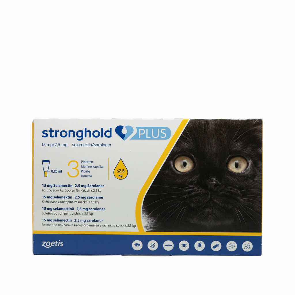 Pipetă antiparazitară Stronghold Plus pentru pisici sub 2.5kg, 15 mg