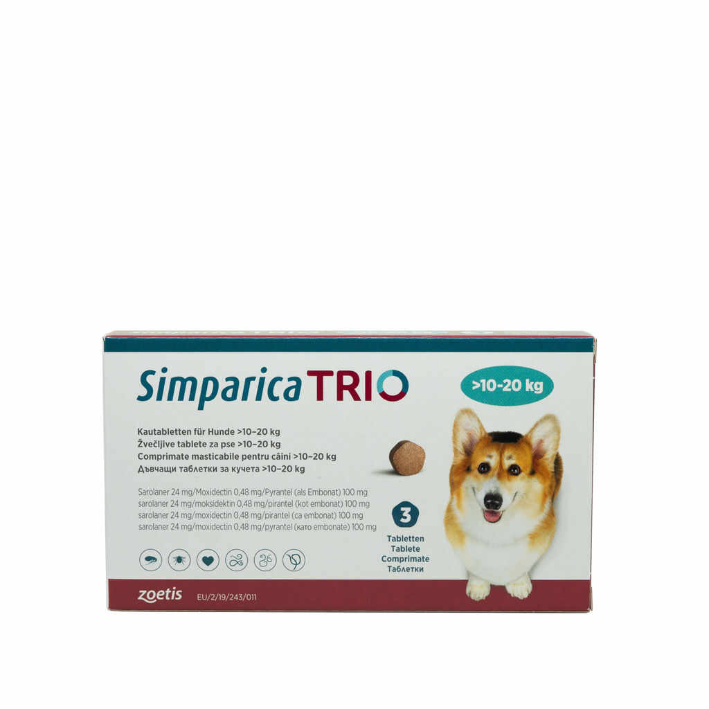 Comprimat masticabil antiparazitar Simparica Trio pentru caini 10-20kg