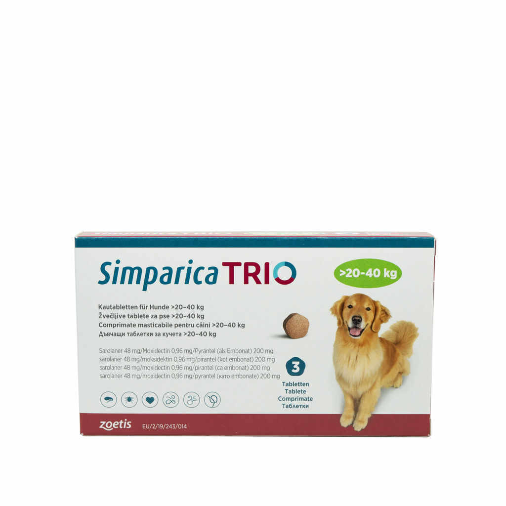 Comprimat masticabil antiparazitar Simparica Trio pentru caini 20-40kg