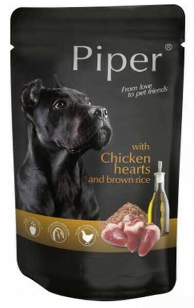 Hrană umedă câini adulți, Piper, cu Inimi de Pui și Orez Brun500