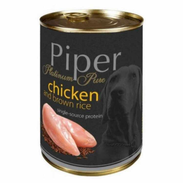 Hrană umedă câini adulți, Piper Pure, cu Carne de Pui si Orez brun 400g