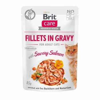 BRIT Care Fillets In Gravy, Somon, plic hrană umedă fără cereale pisici, (în sos), 85g