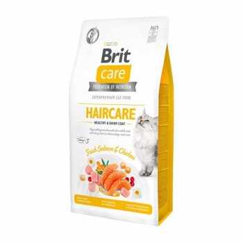 BRIT Care Haircare Healthy & Shiny Coat, Somon și Pui, hrană uscată fără cereale pisici, piele și blană, 7kg
