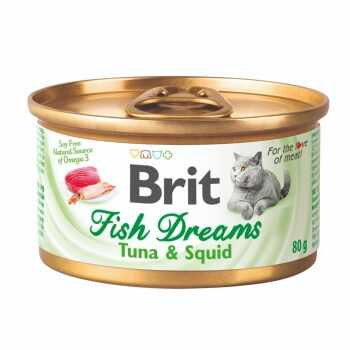 BRIT Fish Dreams, Ton și Calamar, conservă hrană umedă pisici, (în suc propriu), 80g