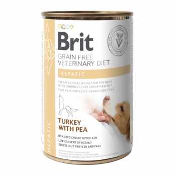 BRIT GF Veterinary Diet Hepatic, Curcan cu Mazăre, dietă veterinară câini, conservă hrană umedă fără cereale, afecțiuni hepatice, 400g