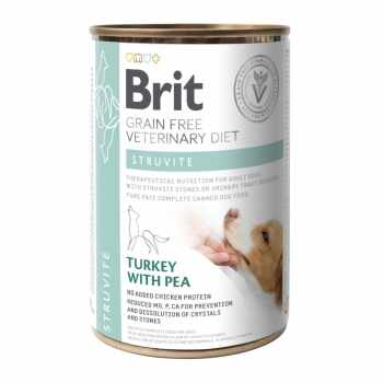 BRIT GF Veterinary Diet Struvite, Curcan cu Mazăre, dietă veterinară câini, conservă hrană umedă fără cereale, afecțiuni urinare (struviți), 400g