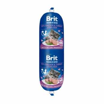 BRIT Premium By Nature Sterilised, Pui și Curcan, salam hrană umedă fără cereale pisici sterilizate, 180g