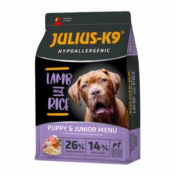 JULIUS-K9 Hypoallergenic Puppy & Junior, Miel cu Orez, hrană uscată câini junior, sensibilități digestive, piele și blană, 3kg