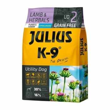 JULIUS-K9 Utility Dog Puppy & Junior, Miel cu Ierburi, hrană uscată fără cereale câini junior, 3kg