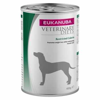 EUKANUBA Veterinary Diets Restricted Calories, Pui și Pește, dietă veterinară câini, conservă hrană umedă, afecțiuni metabolice (obezitate), 400g