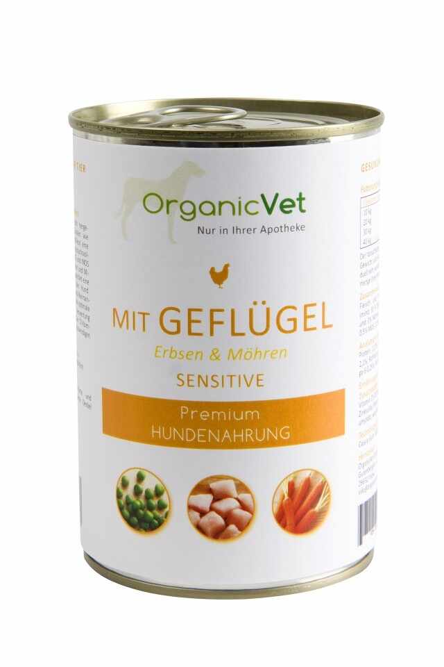 OrganicVet Sensitive, pasari de curte, mazare si morcov, 400 g