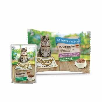 Stuzzy Pack, Vițel și Iepure cu Șuncă, pachet mixt plic hrană umedă pisici, (bucăți în aspic), 85g x 4