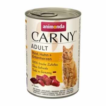 CARNY, Vită, Pui și Inimă de Rață, conservă hrană umedă pentru pisici, (In aspic), 400g
