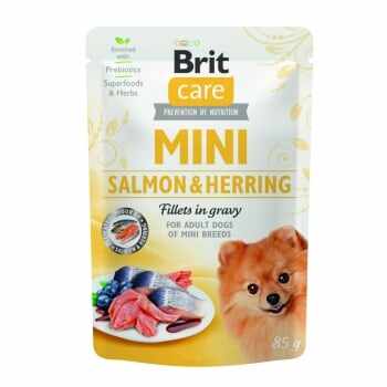 BRIT Care Mini Sterilised, XS-S, File Somon și Herring, pachet economic plic hrană umedă câini sterilizați, (în sos), 85g x 10