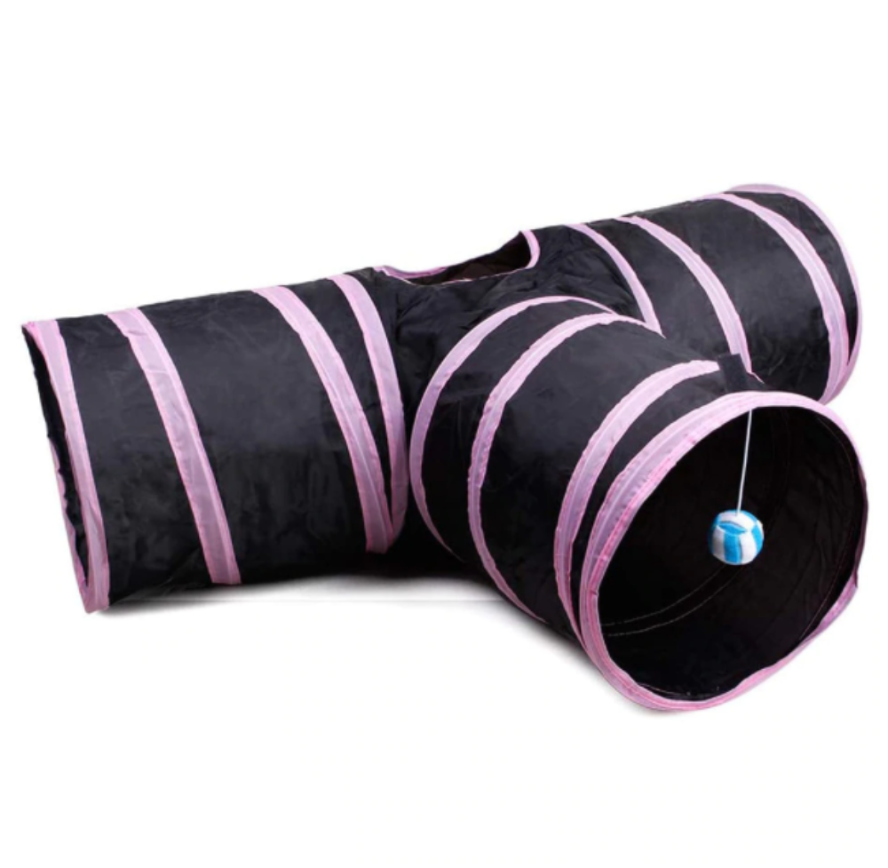 Tunel de joaca pentru pisici catei si iepurasi, Aexya, negru cu roz, 78 cm lungime, 24 cm inaltime