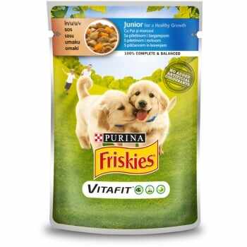 PURINA Friskies Junior, Pui cu Morcov, multipack plic hrană umedă câini, (în sos), 100g x 4