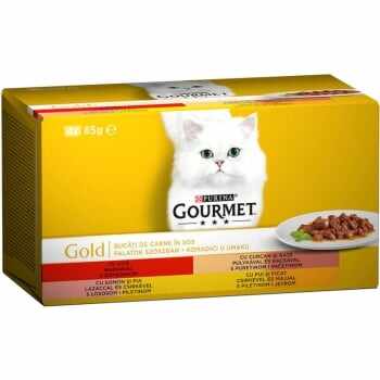 PURINA Gourmet Gold, 4 arome (Vită, Curcan și Rață, Somon și Pui, Pui și Ficat), pachet mixt, conservă hrană umedă pisici, (bucăti în sos), 85g x 4