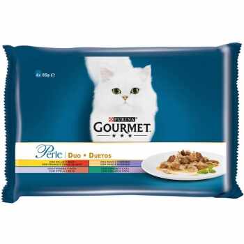 PURINA Gourmet Perle, 4 arome (Pui și Vită, Curcan și Miel, Vițel și Rață, Iepure și Vânat), pachet mixt, plic hrană umedă pisici, (în sos), 85g x 4