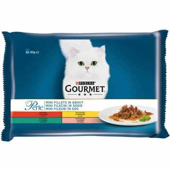 PURINA Gourmet Perle, 4 arome (Vițel, Pui, Iepure cu Legume, Miel cu Legume), pachet mixt, plic hrană umedă pisici, (în sos), 85g x 4