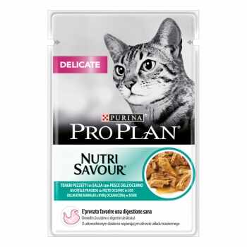 PURINA Pro Plan Delicate Nutrisavour, Pește oceanic, plic hrană umedă pisici, sensibilități digestive, (în sos), 85g