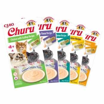 INABA CIAO Churu Piure, Pui, Test Pack recompense lichide fără cereale pisici, topping cremos, 14g x 20