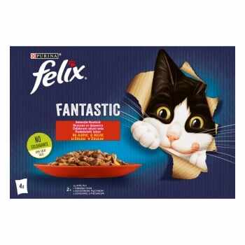 PURINA Felix Fantastic, 2 arome (Vita și Pui), pachet mixt, plic hrană umedă pisici, (în aspic), 85g x 4