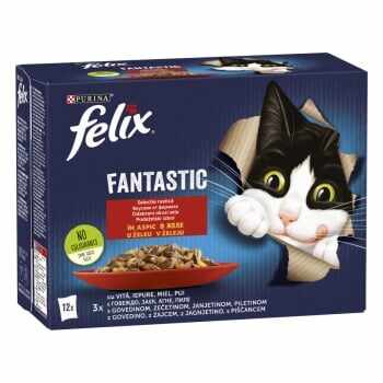 PURINA Felix Fantastic, 4 arome (Pui, Vita, Iepure, Miel), pachet mixt, plic hrană umedă pisici, (în aspic), 85g x 12