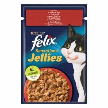 PURINA Felix Sensations, Vită cu Roșii, plic hrană umedă pisici, (în aspic), 85g