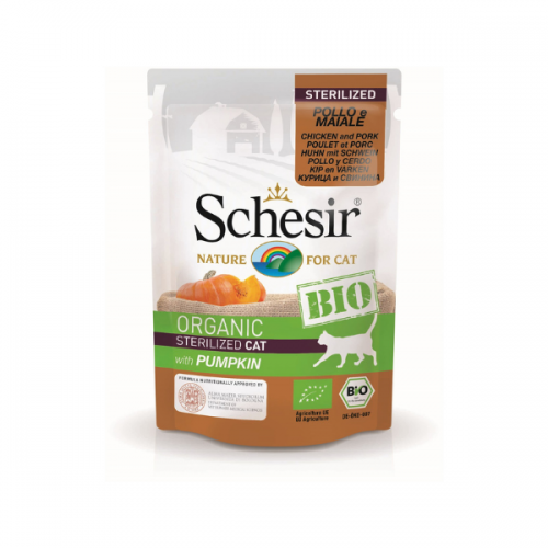 Schesir Bio For Sterilized Cat, Pui, Porc şi Dovleac, plic 85 g