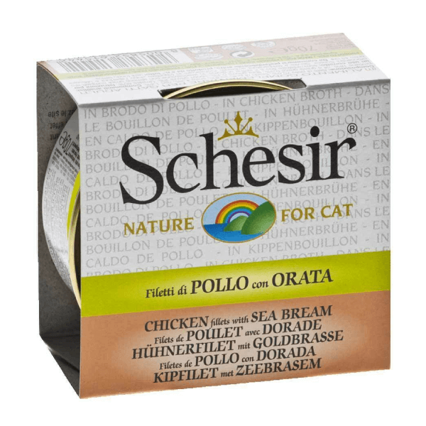Hrana umeda pentru pisici Schesir in supa cu pui si dorada 70 g