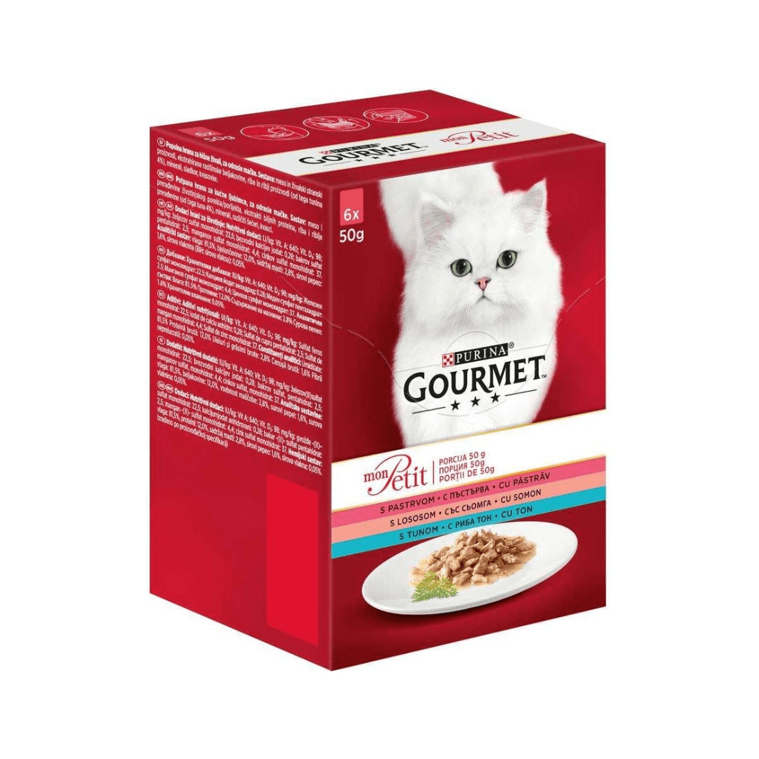 Hrana umeda pentru pisici Gourmet Mon Petit cu somon pastrav si ton Set 6 plicuri X 50 g