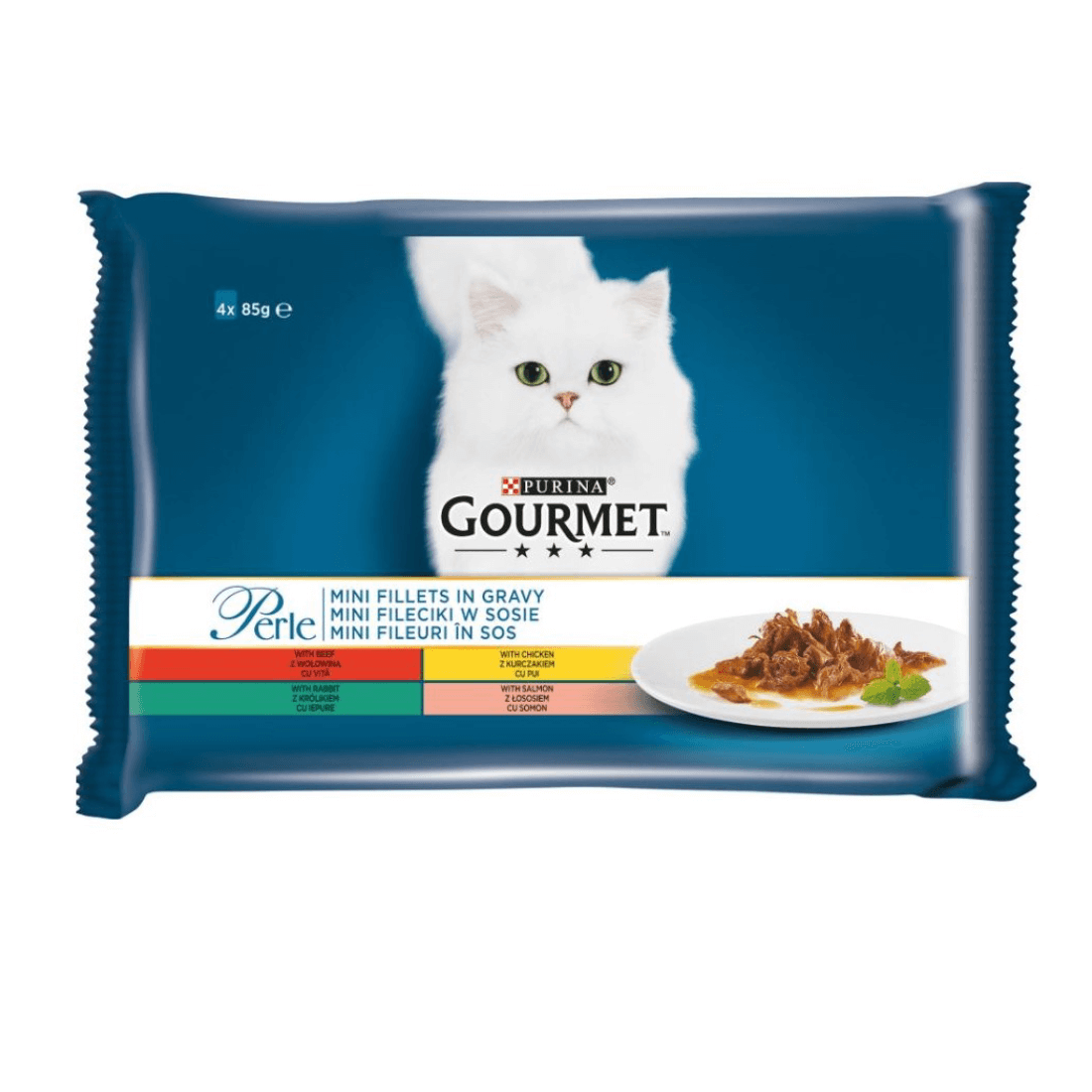 Hrana umeda pentru pisici Gourmet Perle Mini Filets in Gravy Set 4 plicuri X 85g