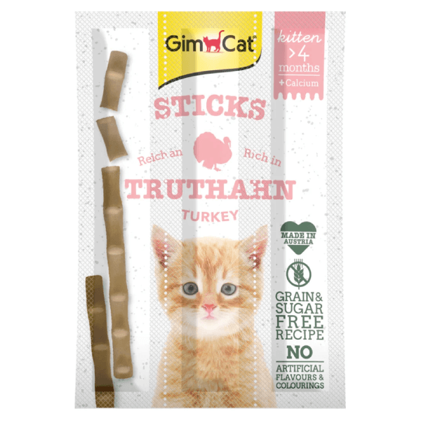 Recompense pentru pisici Gimcat Sticks Kitten cu curcan si calciu 3 bucati