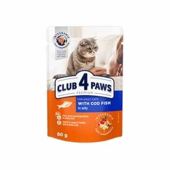 CLUB 4 PAWS Premium, Cod, plic hrană umedă pisici, (în aspic), 80g