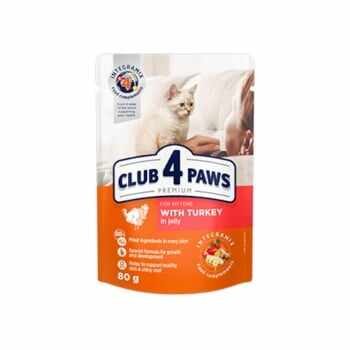 CLUB 4 PAWS Premium Kitten, Curcan, plic hrană umedă pisici junior, (în aspic), 80g 