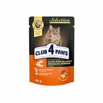 CLUB 4 PAWS Premium Selection, Hering, plic hrană umedă pisici, (în sos), 80g 