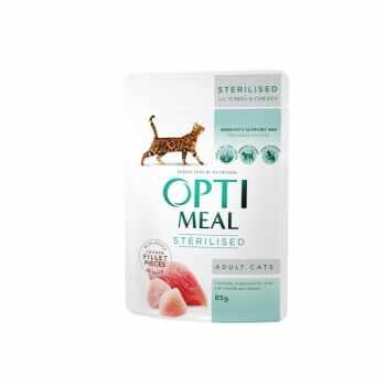 OPTIMEAL Sterilised, Pui și Curcan, plic hrană umedă pisici sterilizate, (în sos), 85g