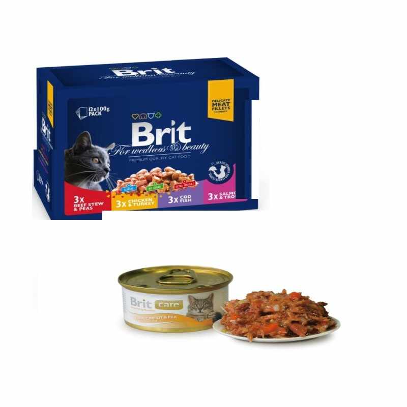 Brit Premium Cat Plic Family Variety 12 Plicuri x 100 Gr PLUS 1 Conserva Brit Tuna Carrot And Pea 80 Gr Cadou