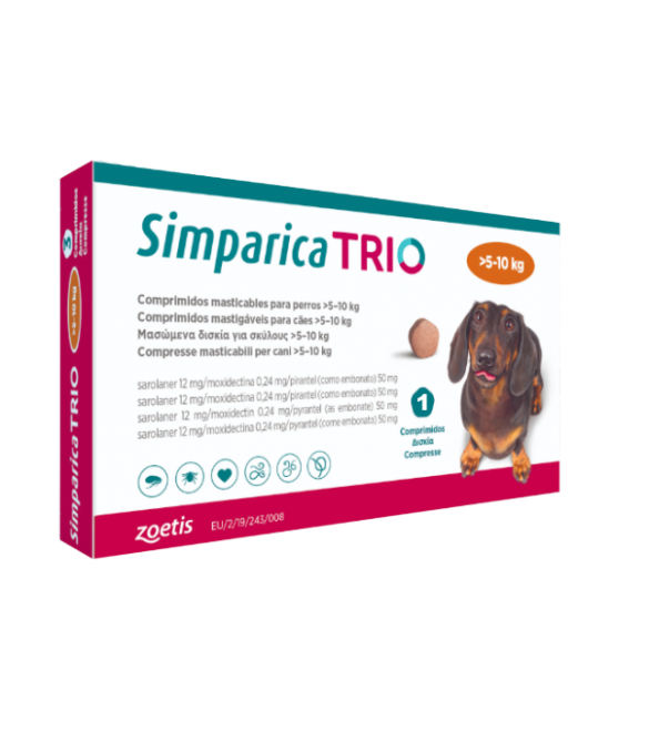 Simparica Trio Caini 12 mg (5.1 - 10 kg) Deparazitare interna si externa, 3 x comprimate masticabile