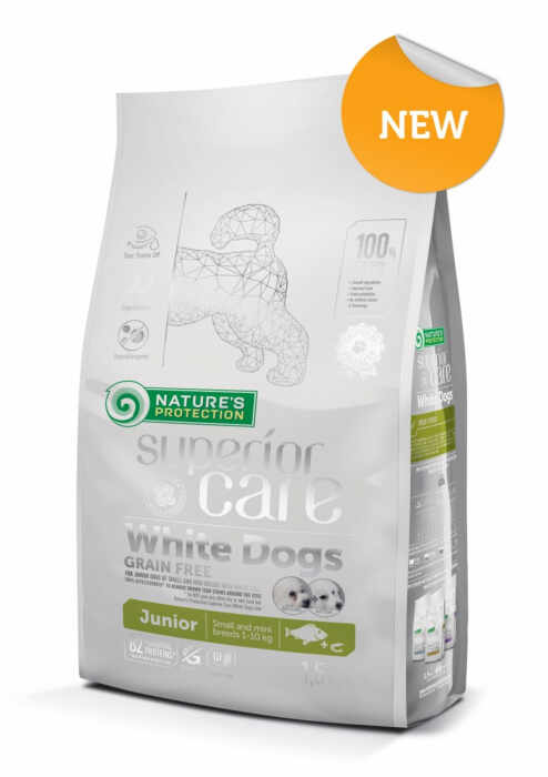 NATURES PROTECTION Superior Care White Dogs Junior SmallMini Grain Free, Peste Alb, ajuta la eliminarea lacrimarii excesive si reducerea petelor maronii de la ochi, 10kg