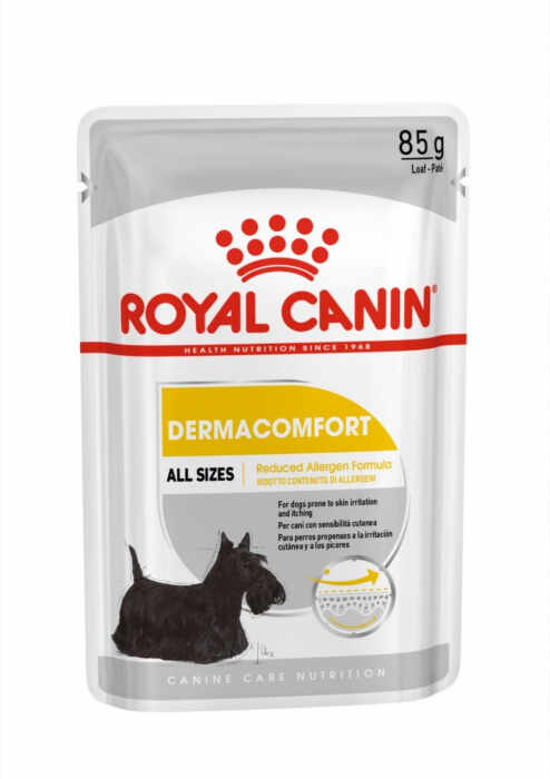 Royal Canin Dermacomfort Adult hrana umeda caine, prevenirea iritatiilor pielii (pate), 85 g