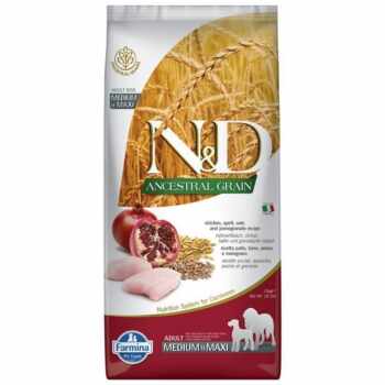 N&D Ancestral Grain Adult Medium/Maxi, M-XL, Pui și Rodie, hrană uscată conținut redus cereale câini, 12kg