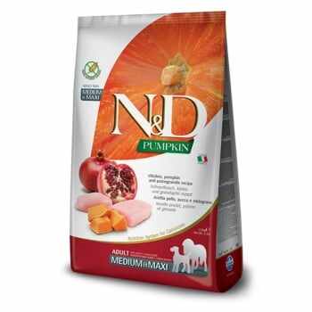 N&D Pumpkin Adult Medium/Maxi, M-XL, Pui și Rodie, hrană uscată fără cereale câini, 12kg