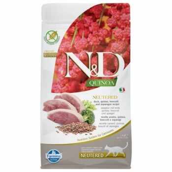 N&D Quinoa Adult Sterilizat, Rață și Broccoli, hrană uscată fără cereale pisici, 1.5kg